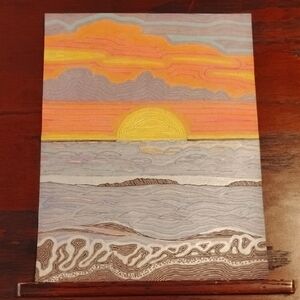 Handmade One Of A Kind Colorful Sunset Ocean Gell Pen Art Card 8.5"X11"